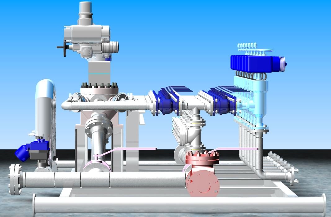 Render del skid de inyección multipunto con válvula selectora y medidores Coriolis