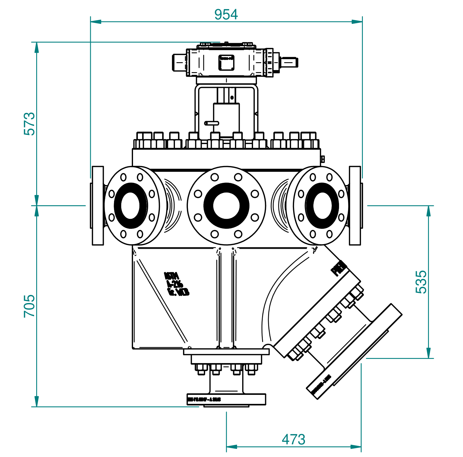 Plano de dimensiones generales — Válvula Multipuerto 4x8 Clase 600